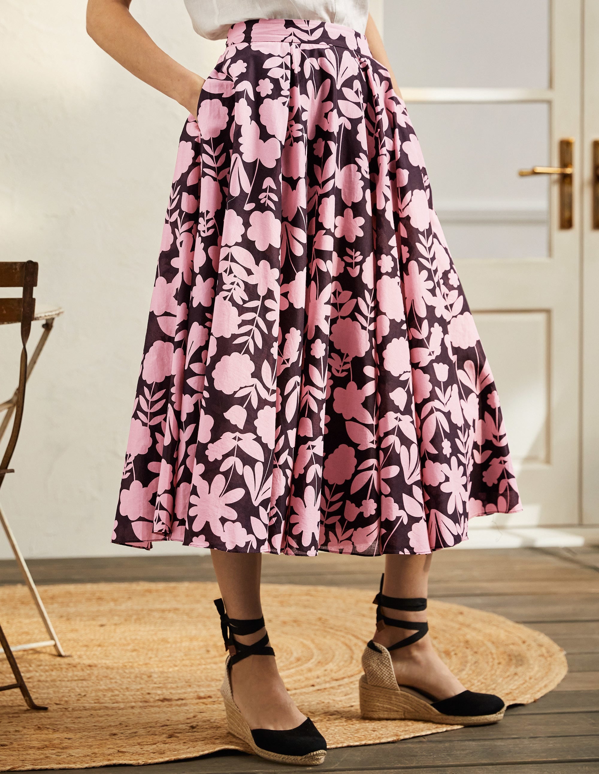 Full Cotton Midi Skirt-Formica Pink, Flora Bloom - Image 4