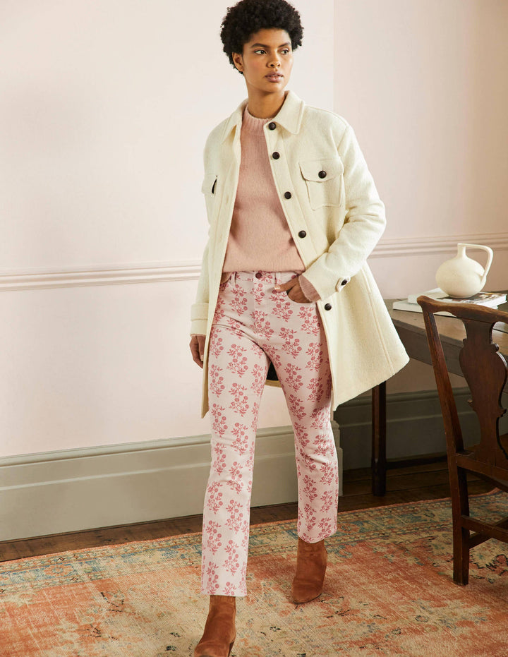 Cropped Flare Jeans-Ivory, Dusty Red Leafy Cluster