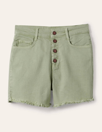Button Fly Denim Shorts-Laurel Green-5
