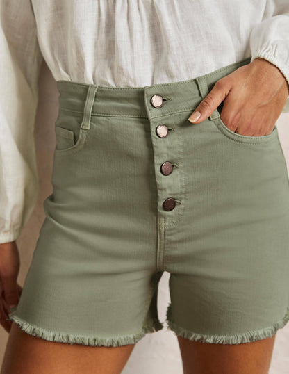 Button Fly Denim Shorts-Laurel Green-4