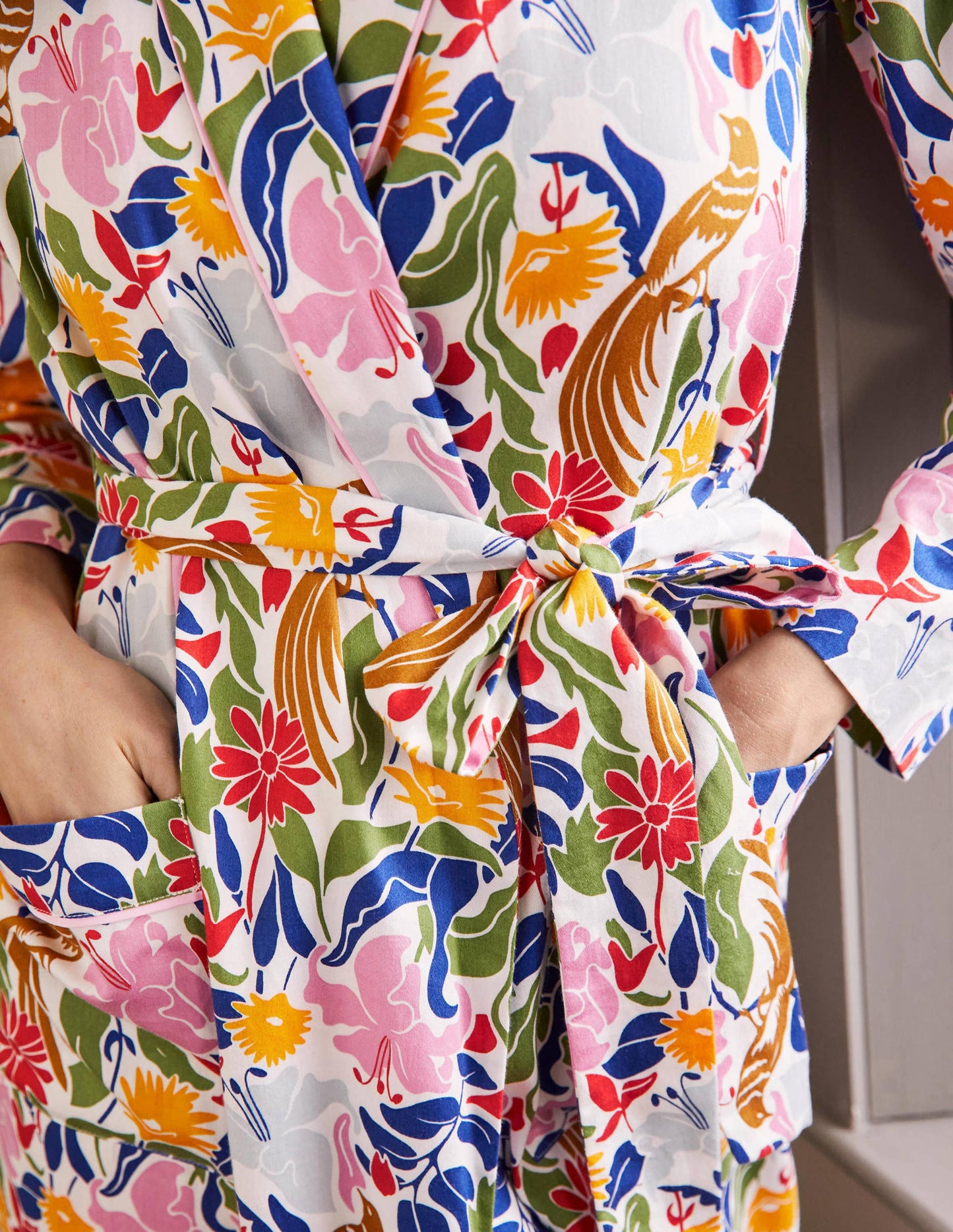 Cotton Dressing Gown-Ivory, Oriental Bird