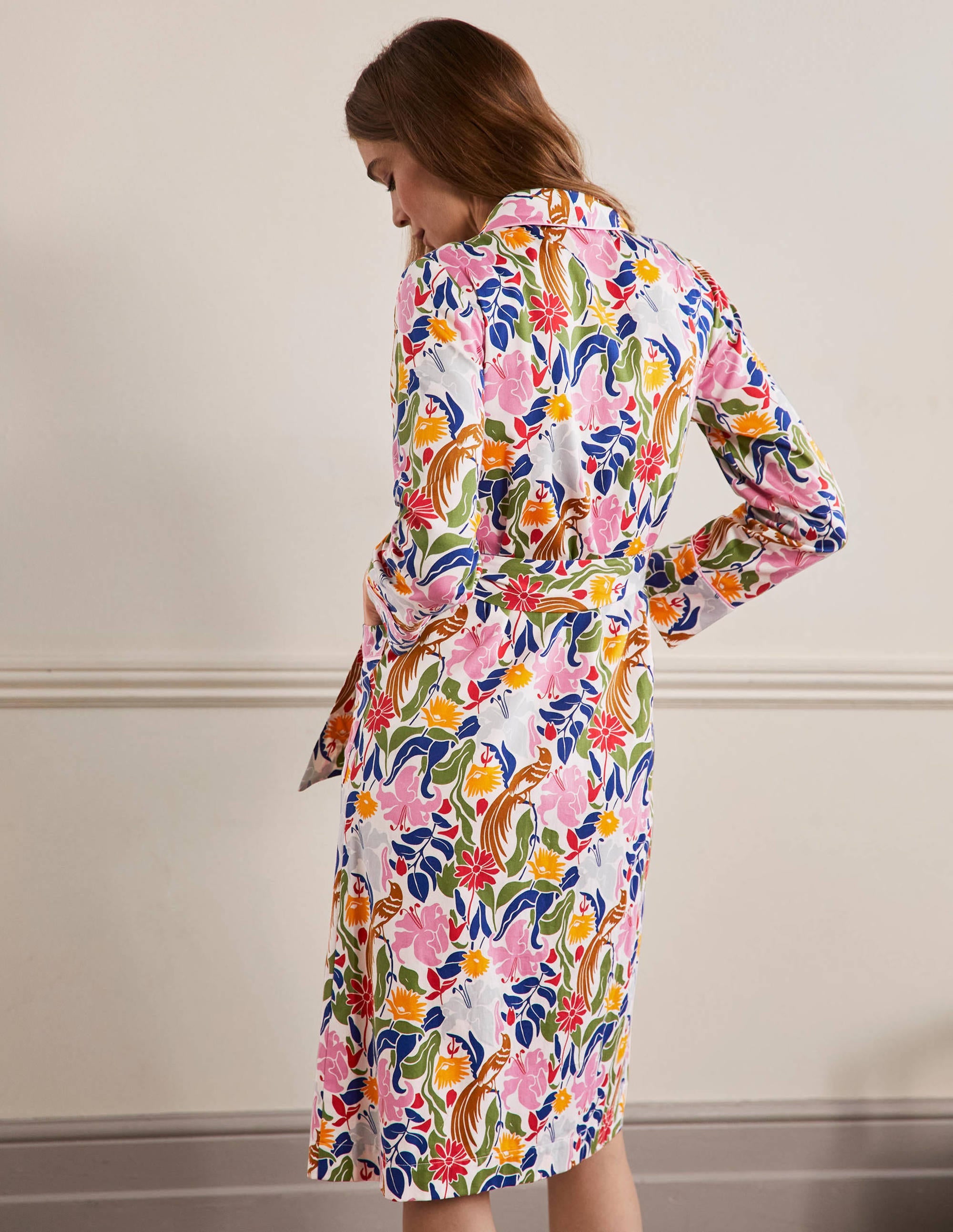 Cotton Dressing Gown-Ivory, Oriental Bird - Image 3