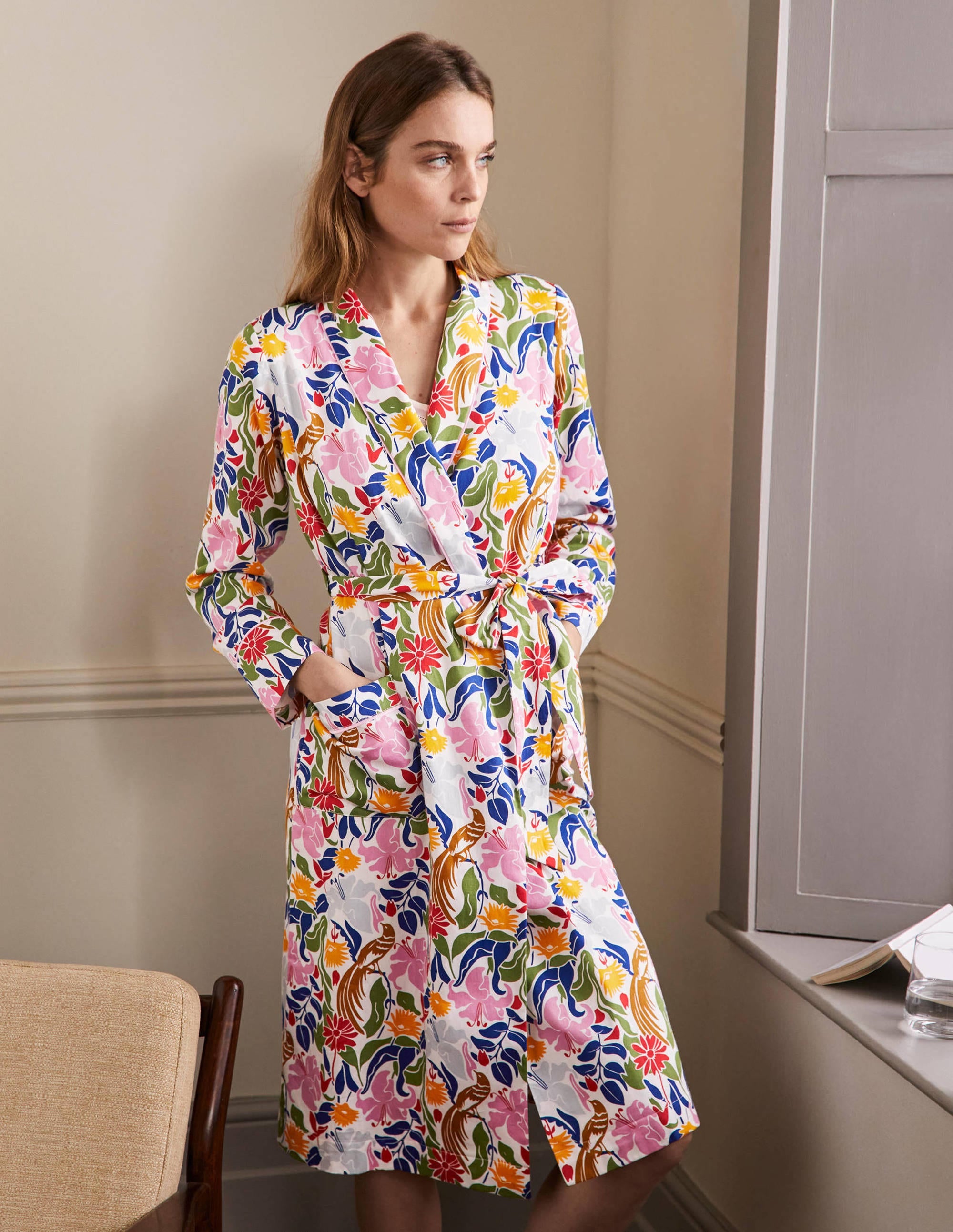 Cotton Dressing Gown-Ivory, Oriental Bird - Image 4