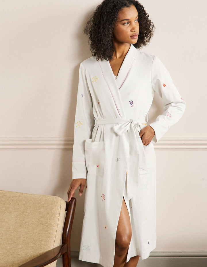 Cotton Dressing Gown-Ivory, Embroidery
