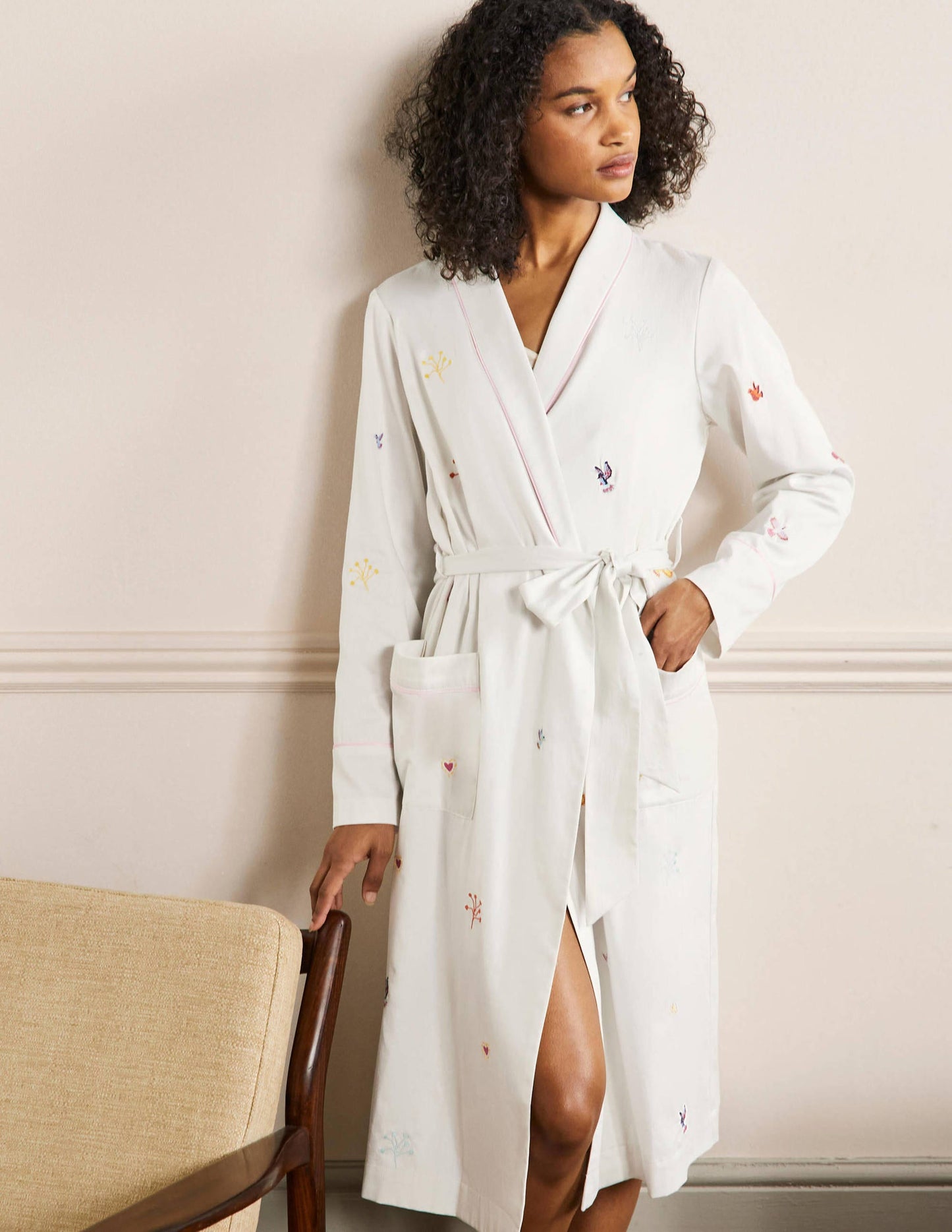 Cotton Dressing Gown-Ivory, Embroidery