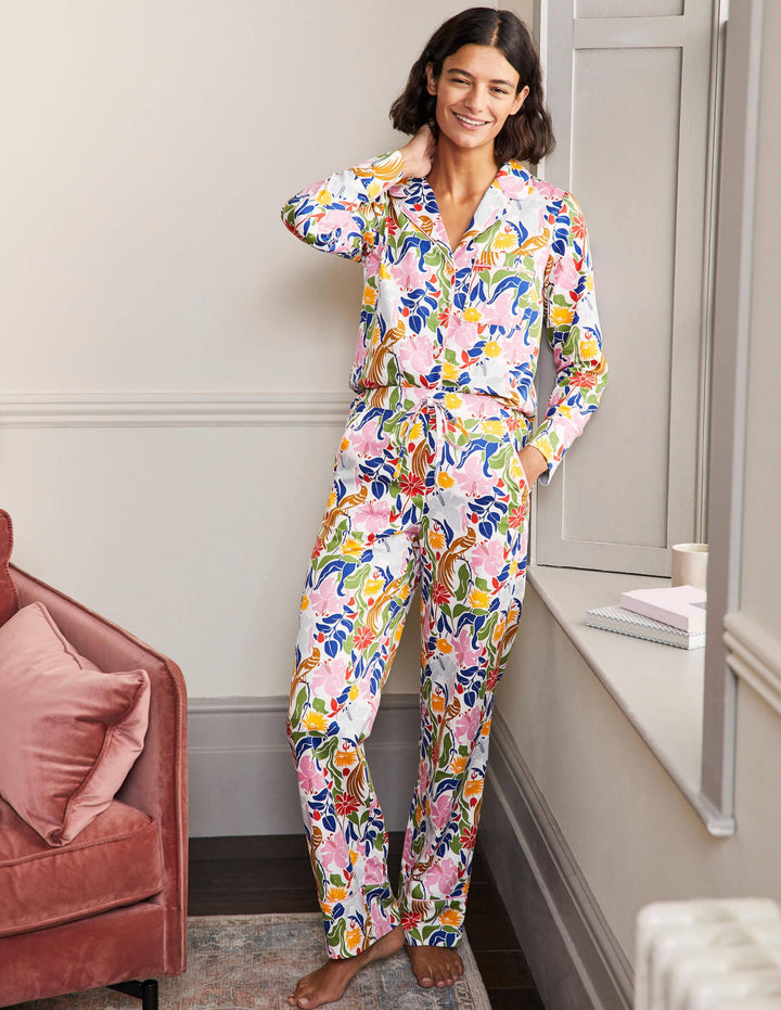 Cotton Pyjama Trousers-Ivory, Oriental Bird