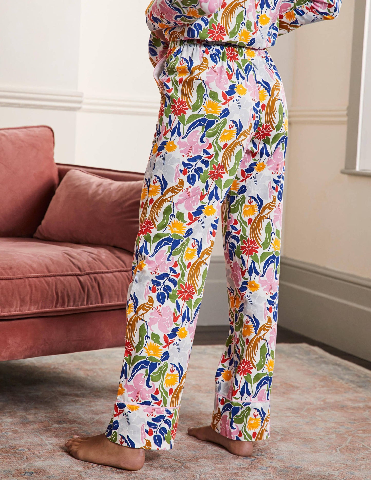 Cotton Pyjama Trousers-Ivory, Oriental Bird