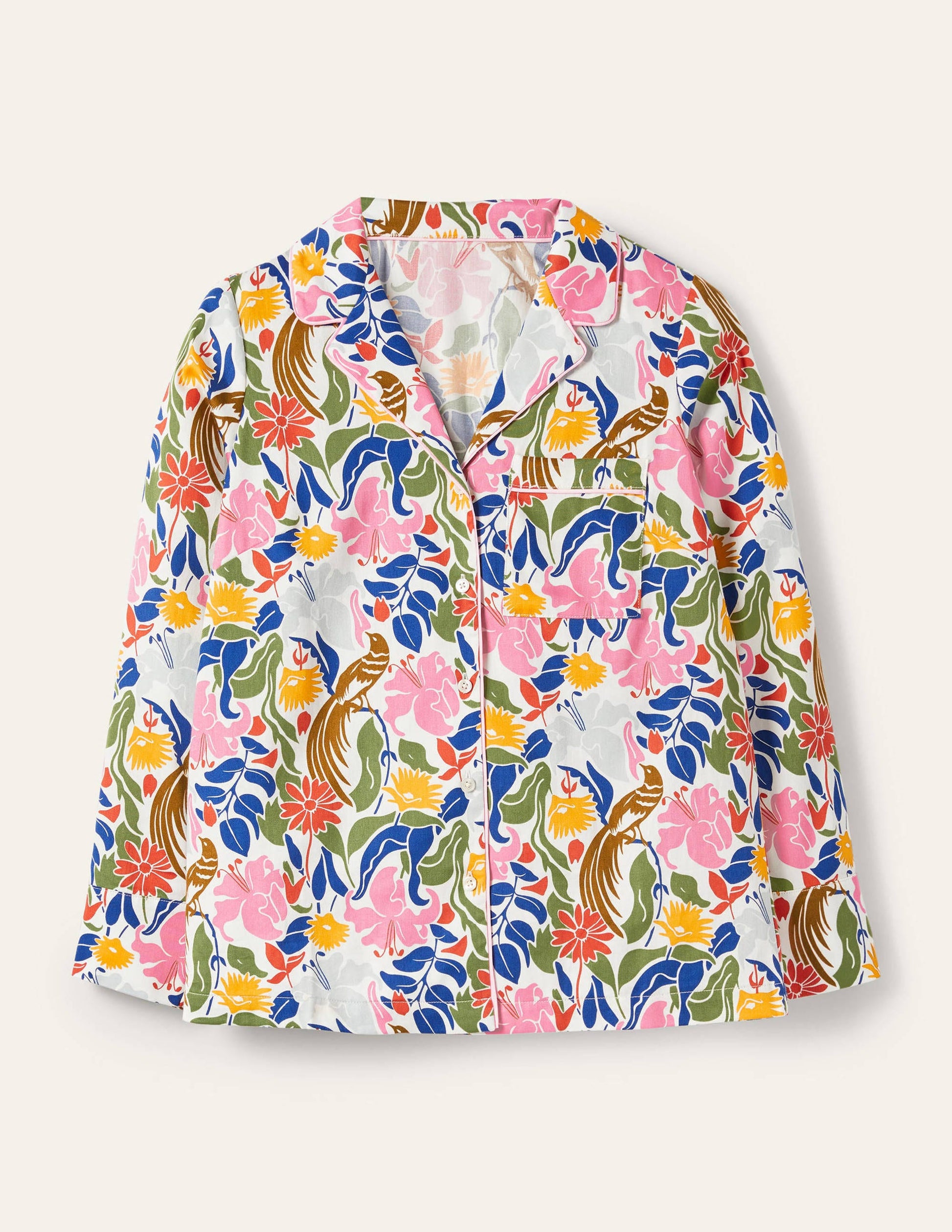 Long Sleeve Pyjama Shirt-Ivory, Oriental Bird-6
