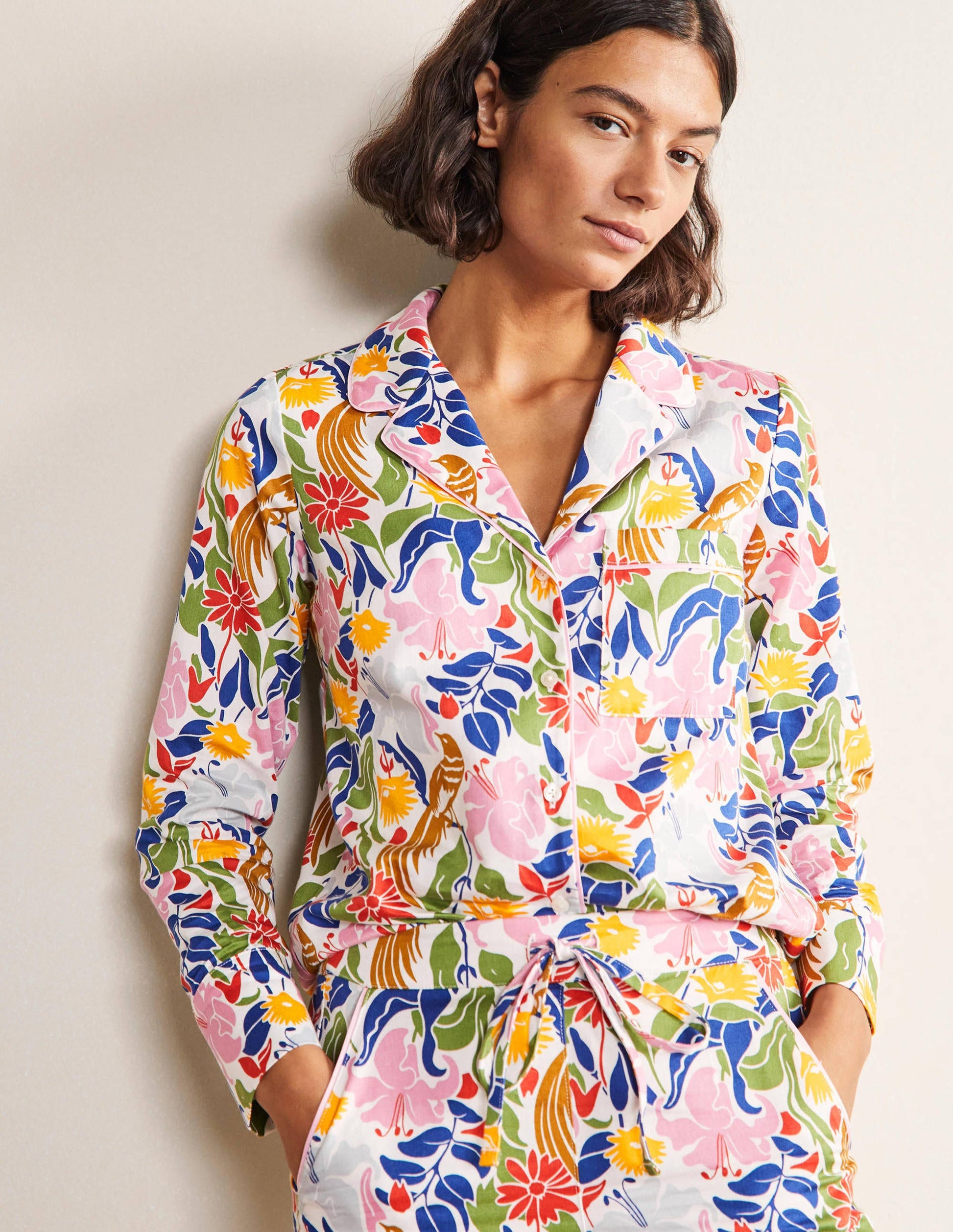 Long Sleeve Pyjama Shirt-Ivory, Oriental Bird-1