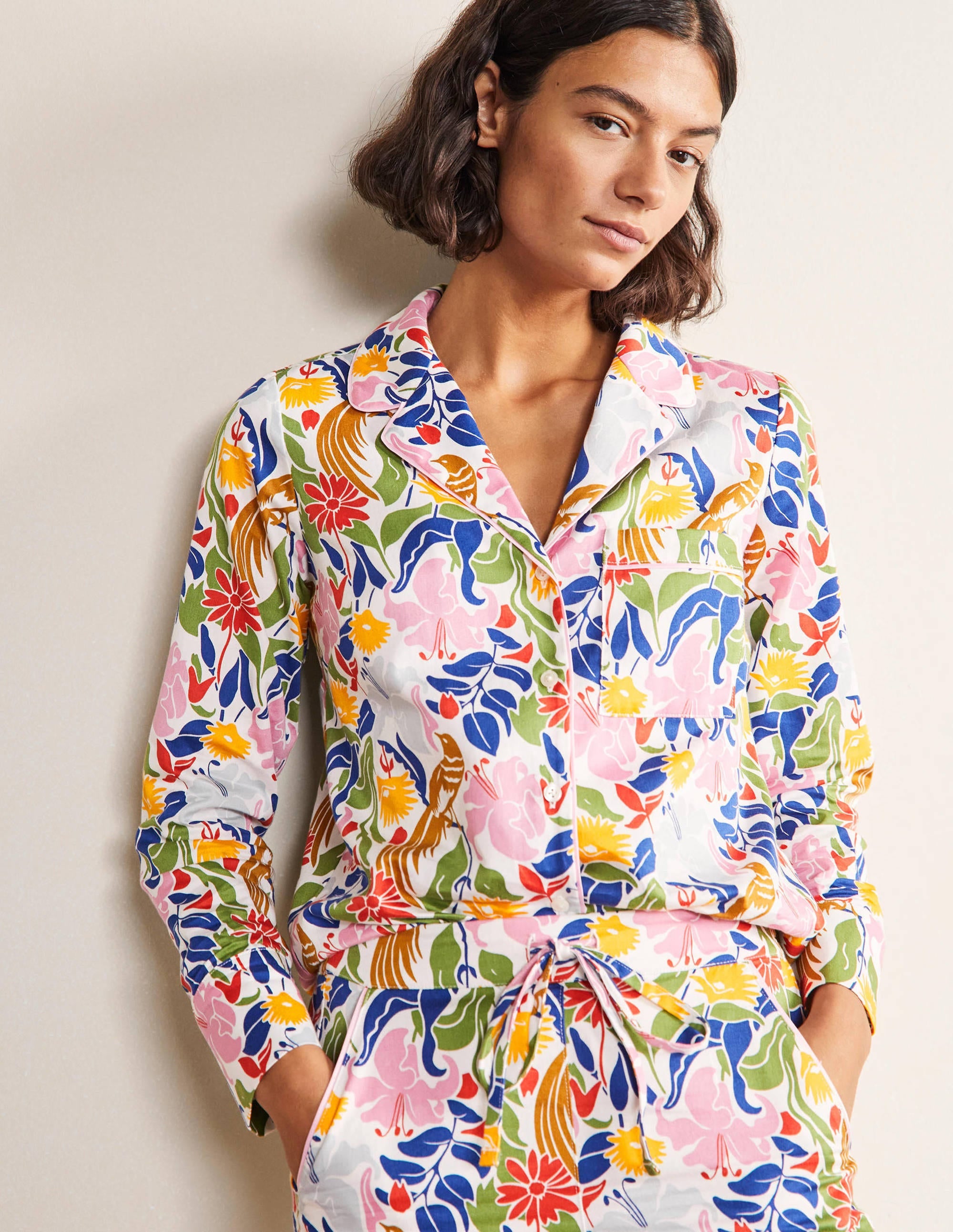 Long Sleeve Pyjama Shirt-Ivory, Oriental Bird - Image 1