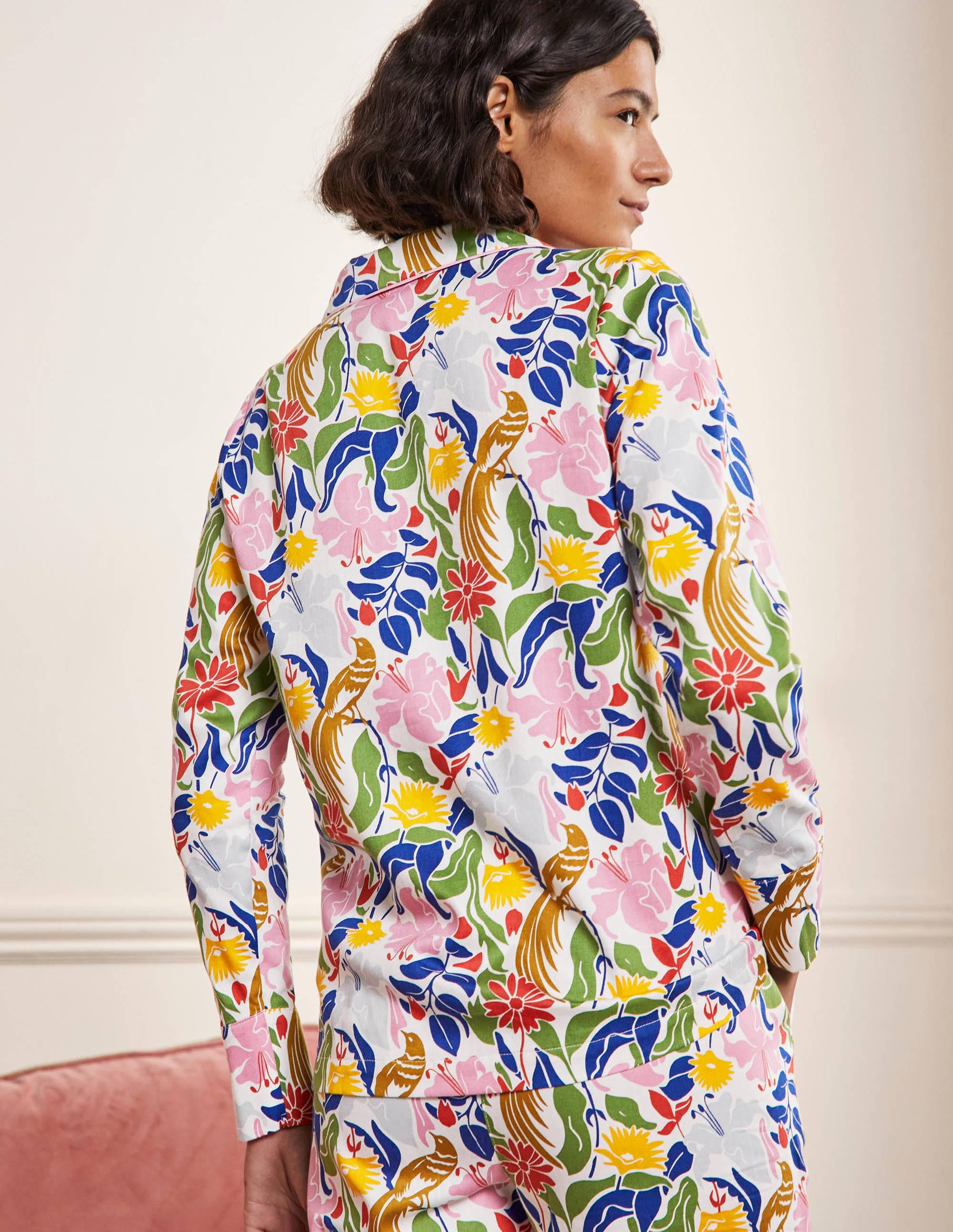 Long Sleeve Pyjama Shirt-Ivory, Oriental Bird - Image 3