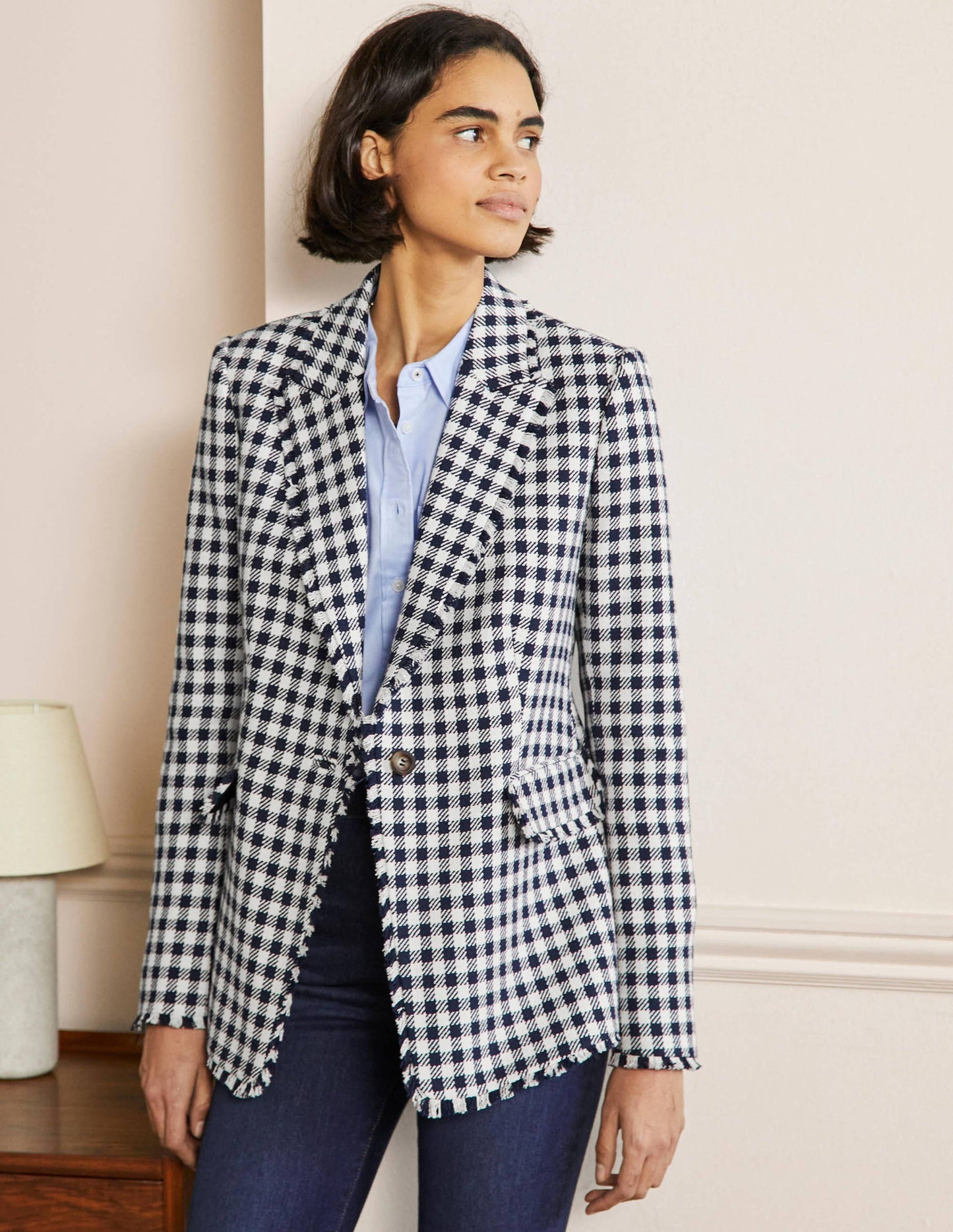 Hever Cotton Twill Blazer-French Navy Gingham
