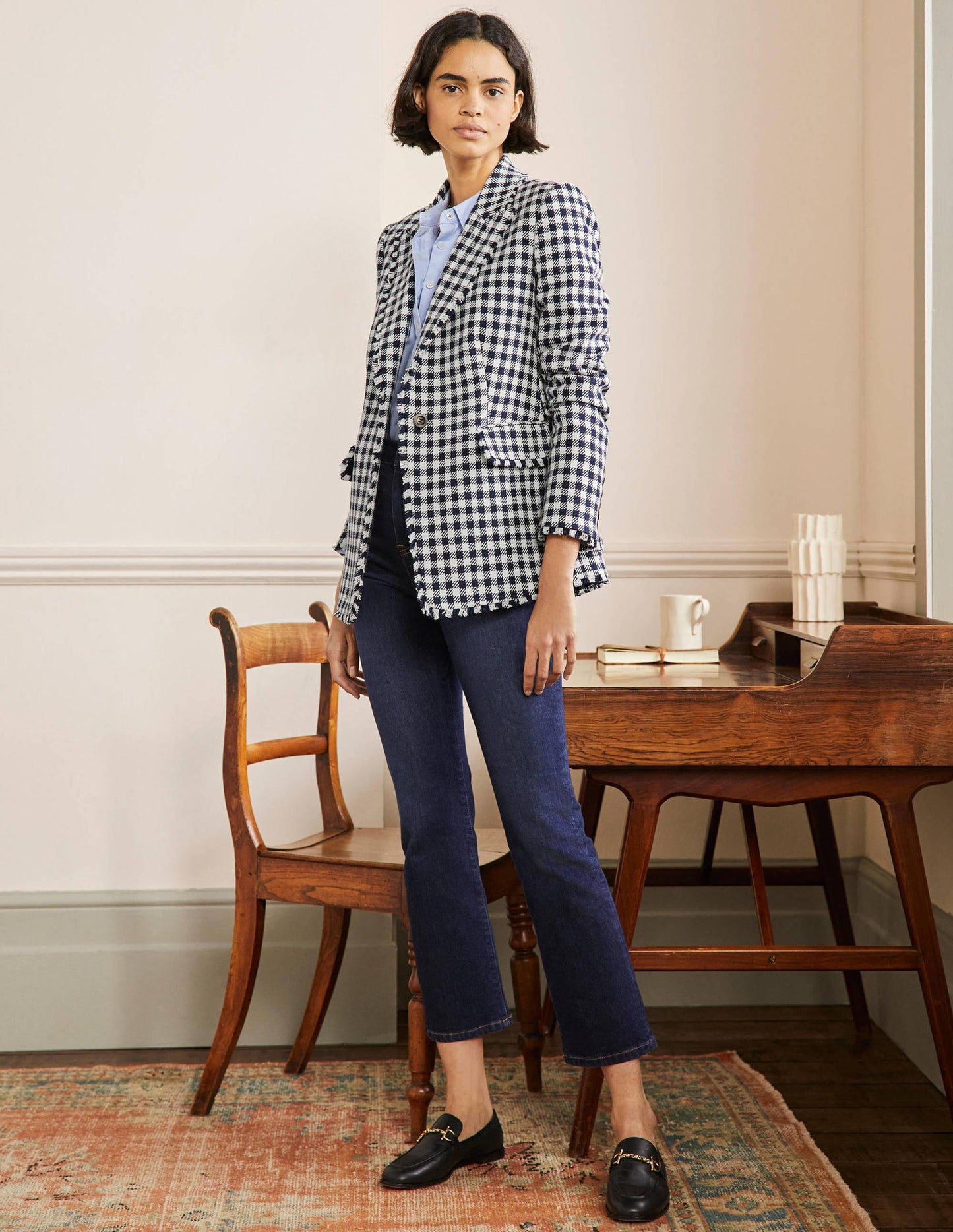 Hever Cotton Twill Blazer-French Navy Gingham