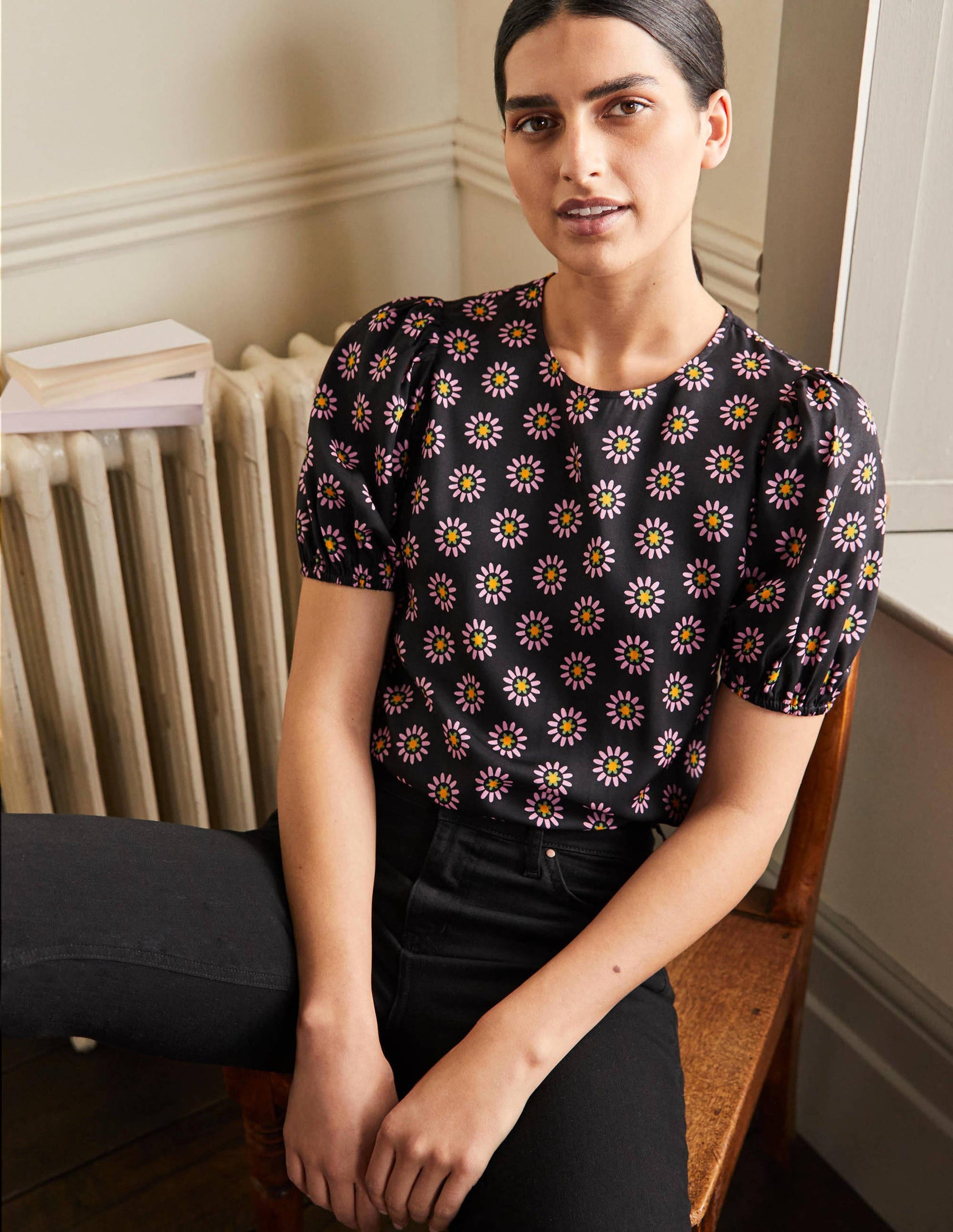 Adriana Puff Sleeve Top-Black and Formica Pink, Daisy-1