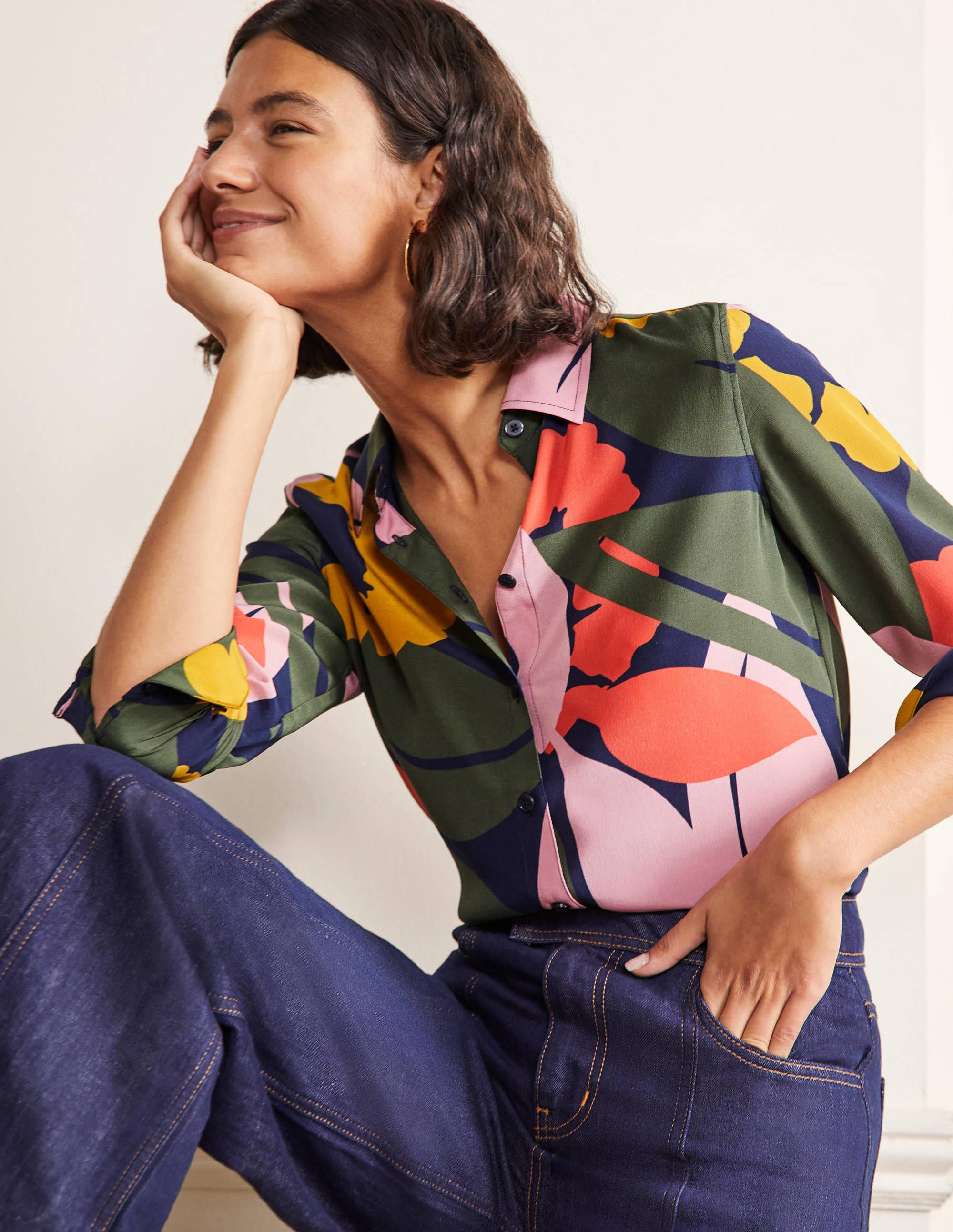 Silk Shirt-French Navy, Abstract Bloom - Image 1