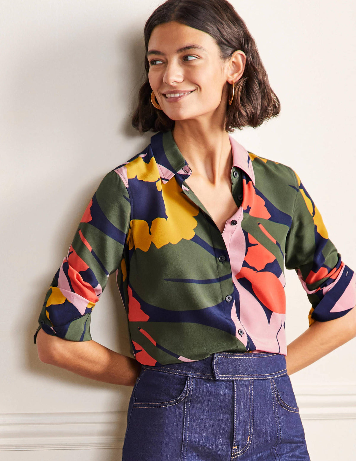 Silk Shirt-French Navy, Abstract Bloom - Image 4
