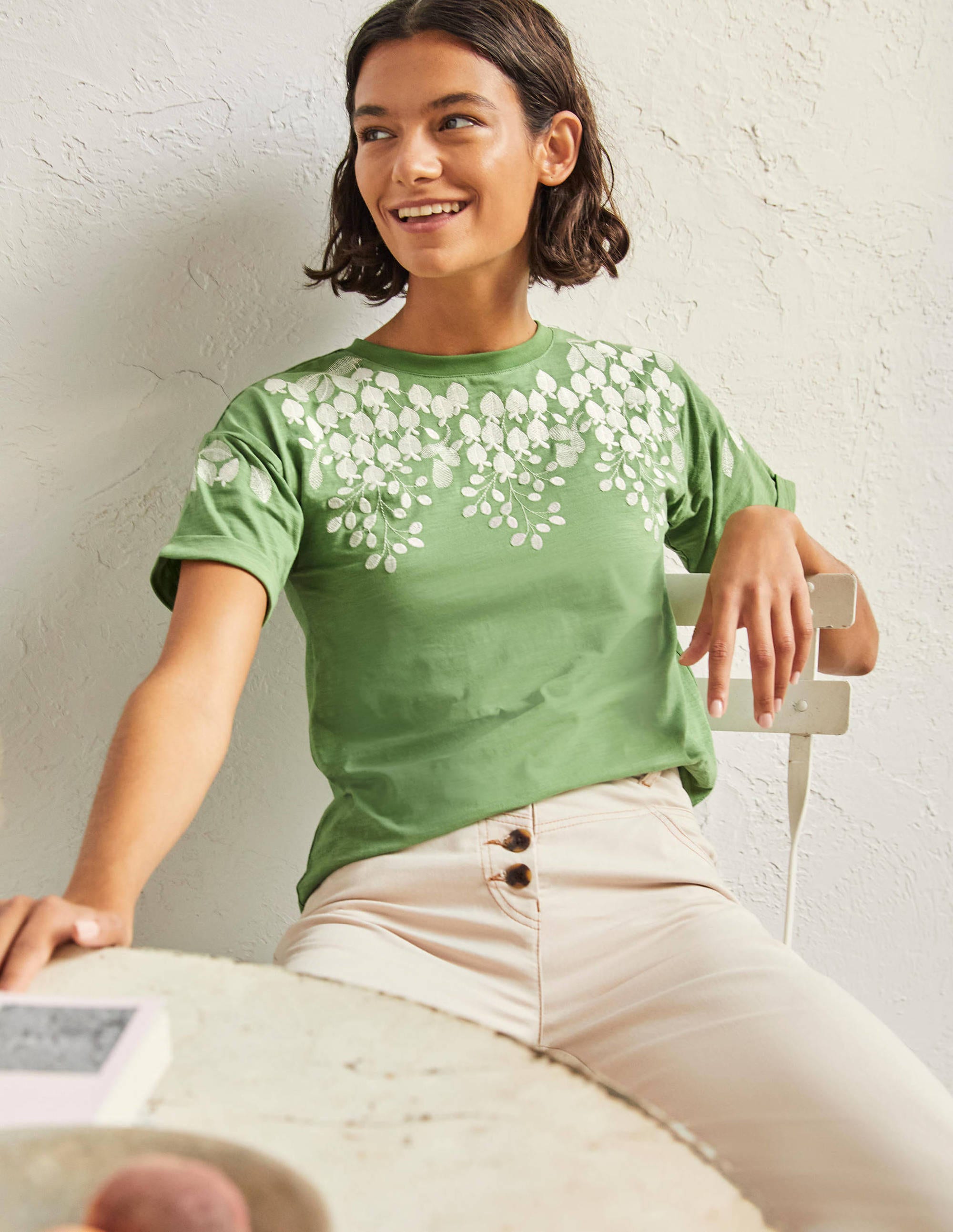 Turn Up Cuff Cotton T-shirt-English Ivy, Ivory Embroidered - Image 1