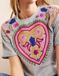 Turn Up Cuff Cotton T-shirt-Grey Marl, Heart Embroidery