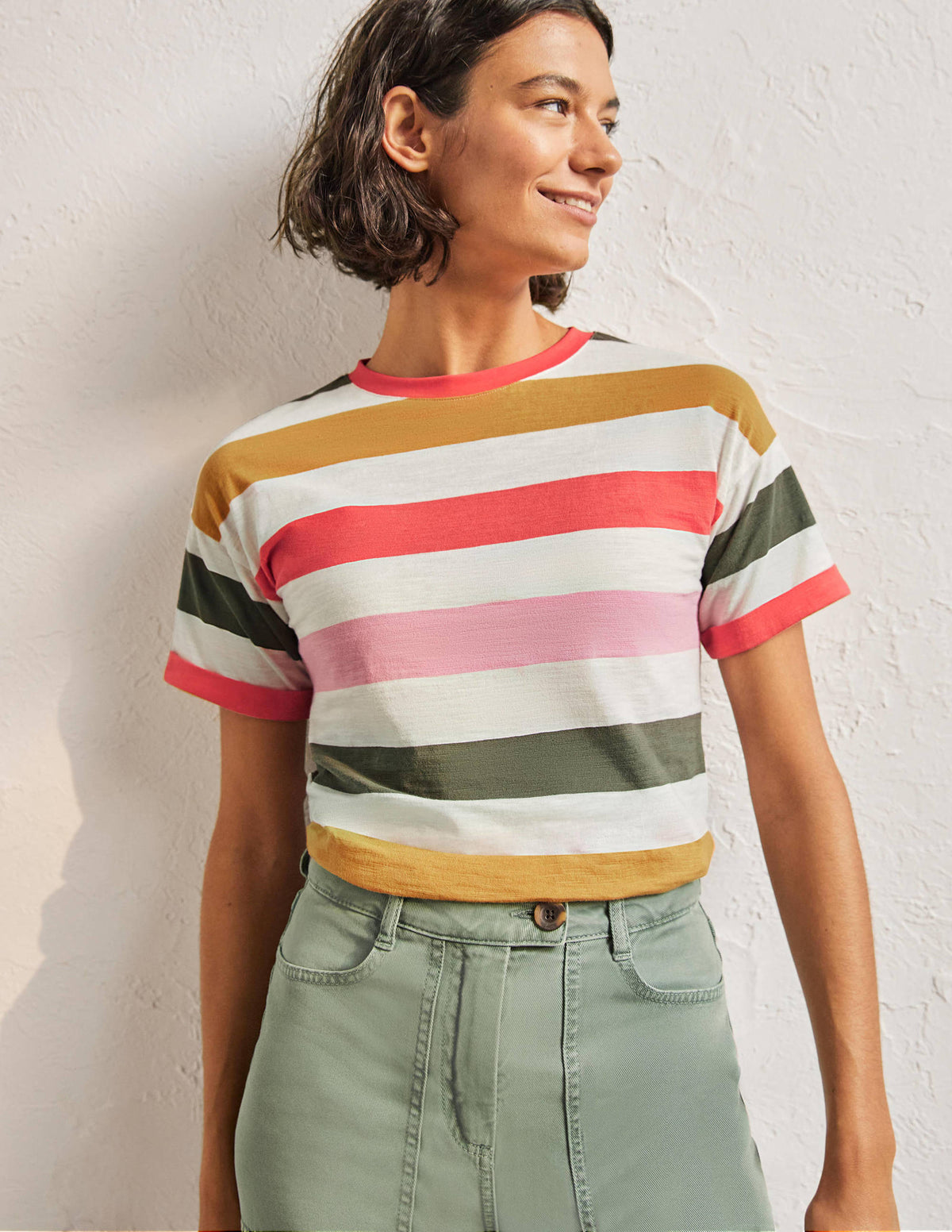 Turn Up Cuff Cotton T-shirt-Formica Pink, Hot Coral Multi - Image 2