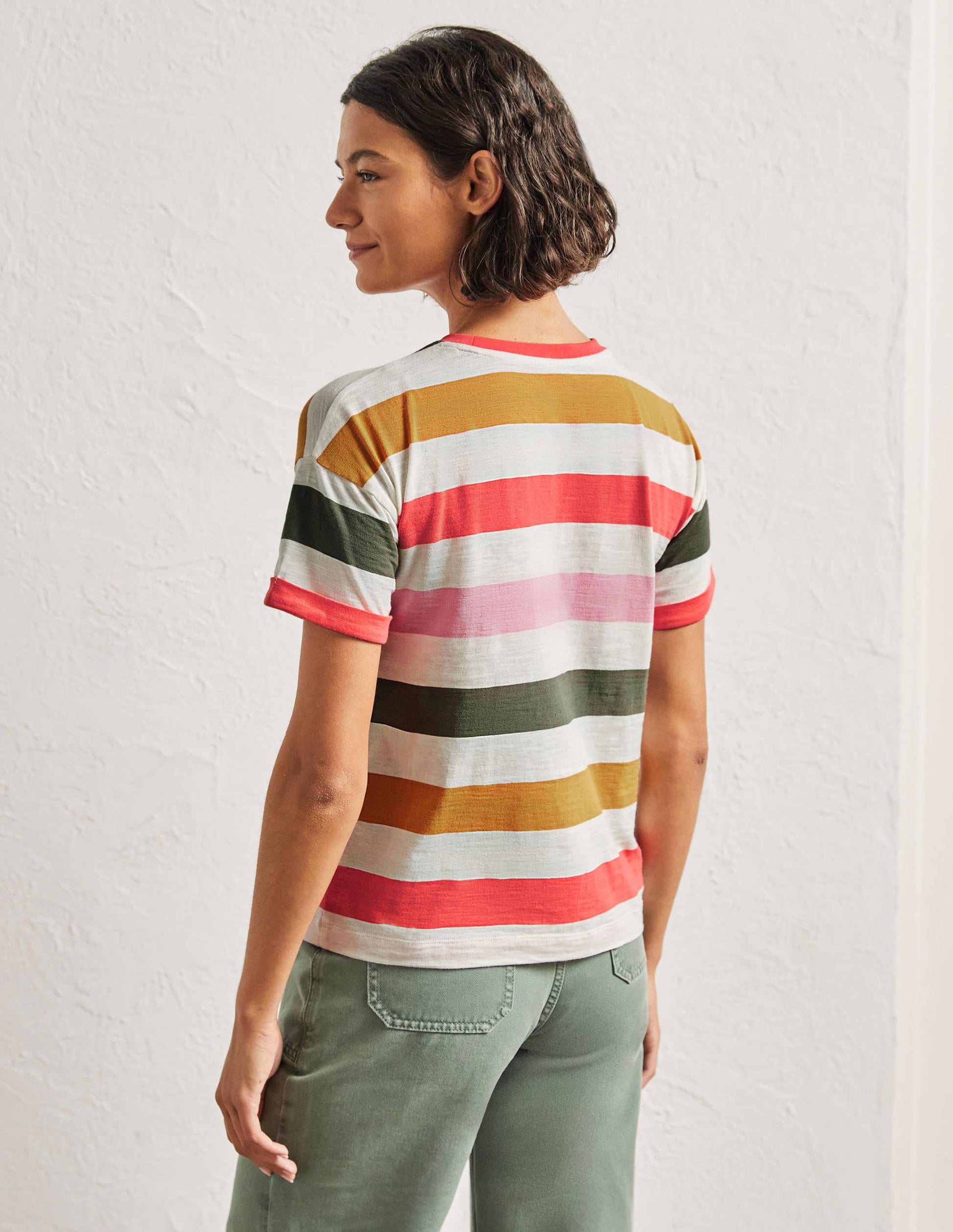 Turn Up Cuff Cotton T-shirt-Formica Pink, Hot Coral Multi-3