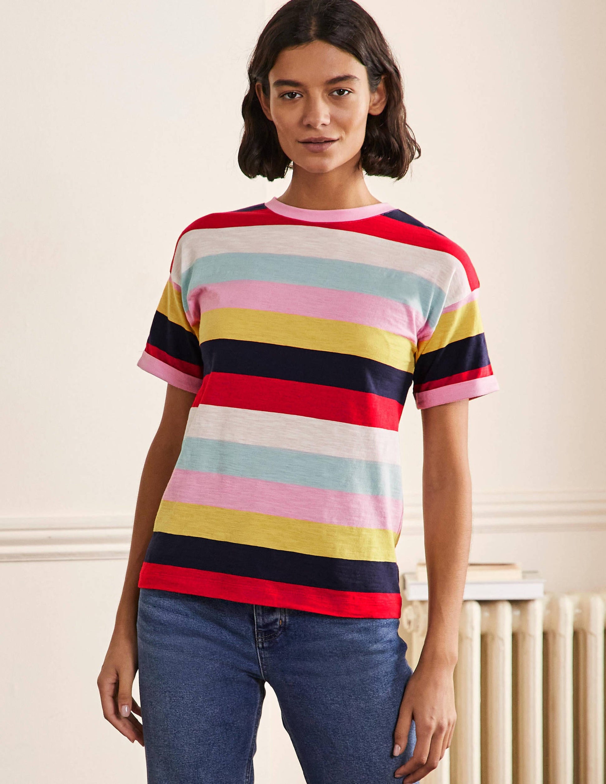 Turn Up Cuff Cotton T-shirt-Spring Blossom, Daffodil Multi-1