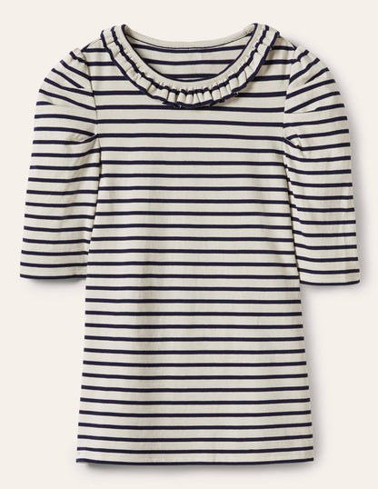 Puff Sleeve Frill Neck T-Shirt-Ivory / Navy Stripe-5