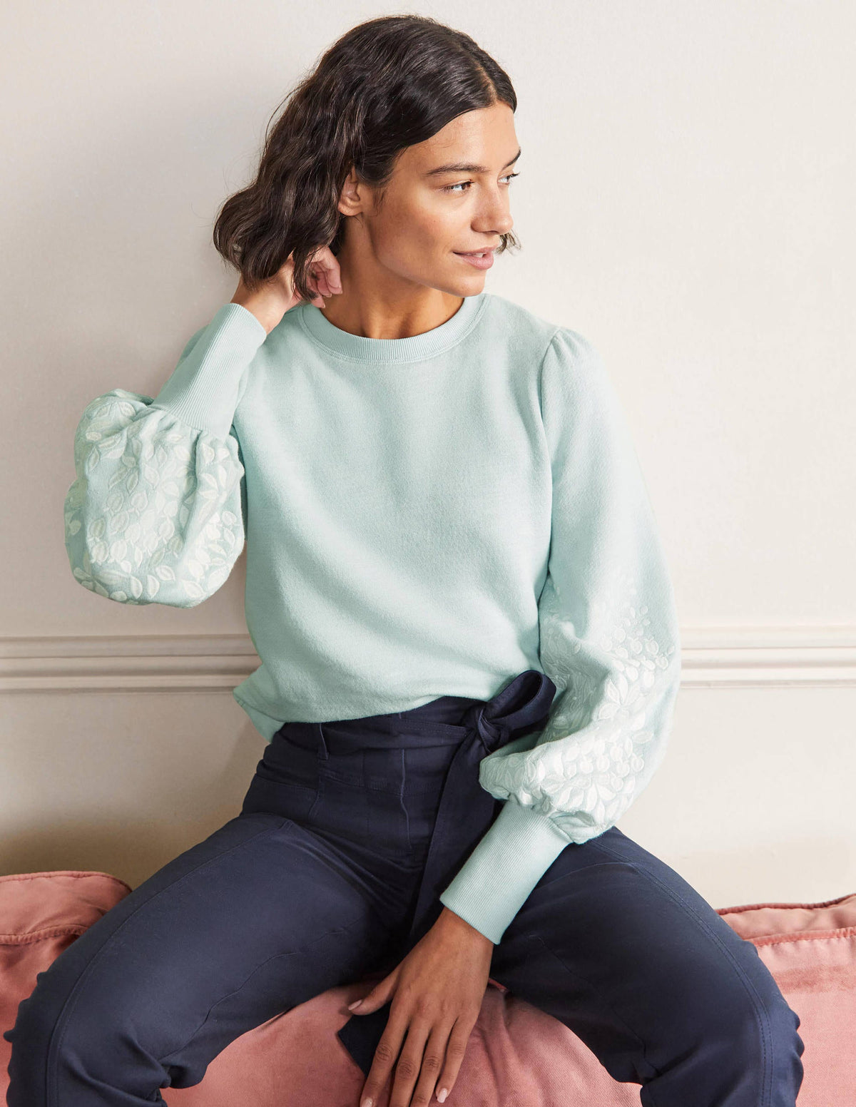 Embroidered Blouson Sweatshirt-Dawn Sky, Ivory Embroidery - Image 1