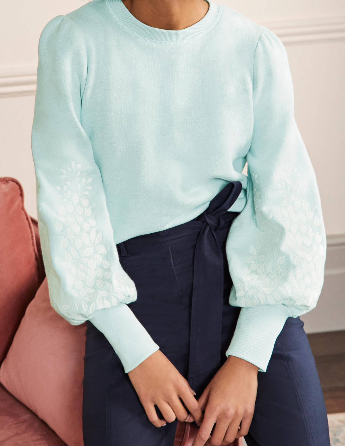 Embroidered Blouson Sweatshirt-Dawn Sky, Ivory Embroidery - Image 4