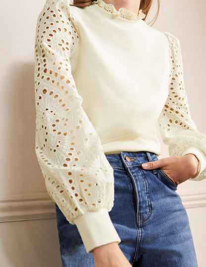 Broderie Blouson Sweatshirt-Ivory