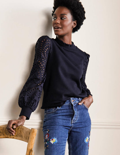 Broderie Blouson Sweatshirt-Navy-1