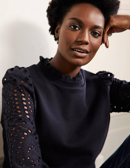 Broderie Blouson Sweatshirt-Navy-2