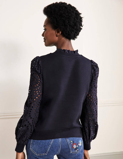 Broderie Blouson Sweatshirt-Navy-3