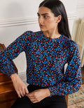 Smocked Blouson Jersey Top-Black Ditsy Cluster