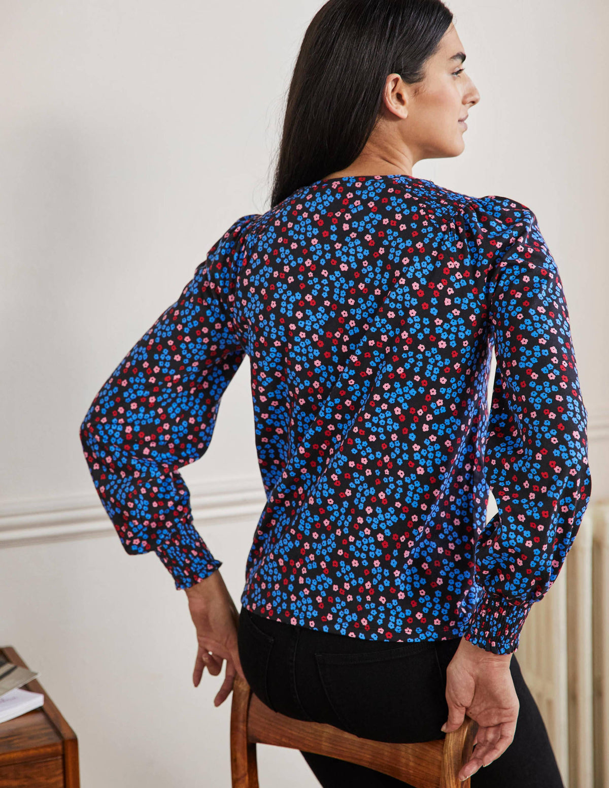 Smocked Blouson Jersey Top-Black Ditsy Cluster - Image 3