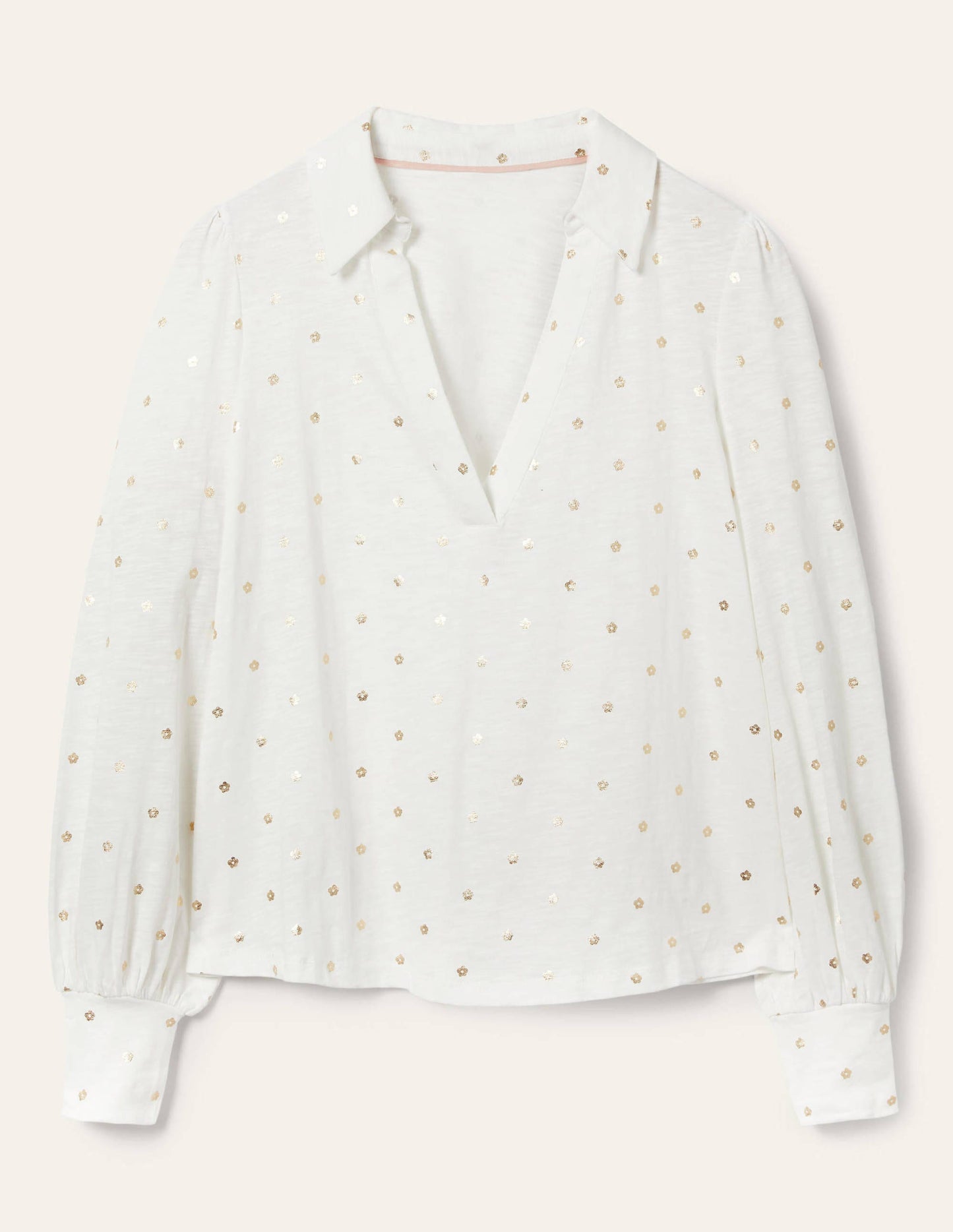 Collared Notch Neck Cotton Top-Ivory Foil Flower