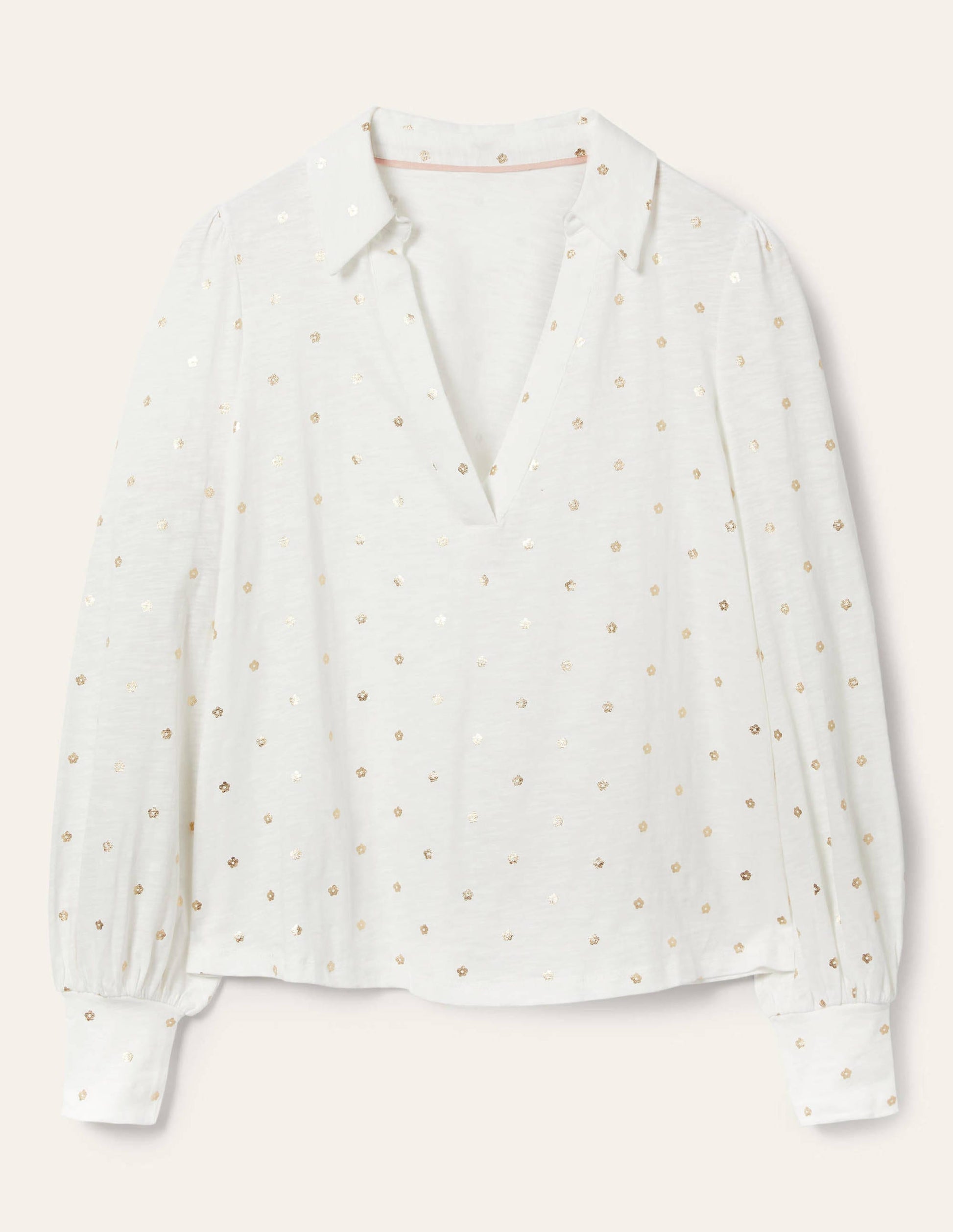 Collared Notch Neck Cotton Top-Ivory Foil Flower-5