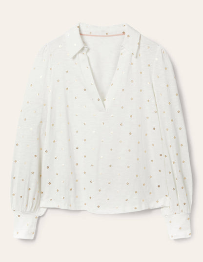 Collared Notch Neck Cotton Top-Ivory Foil Flower-5