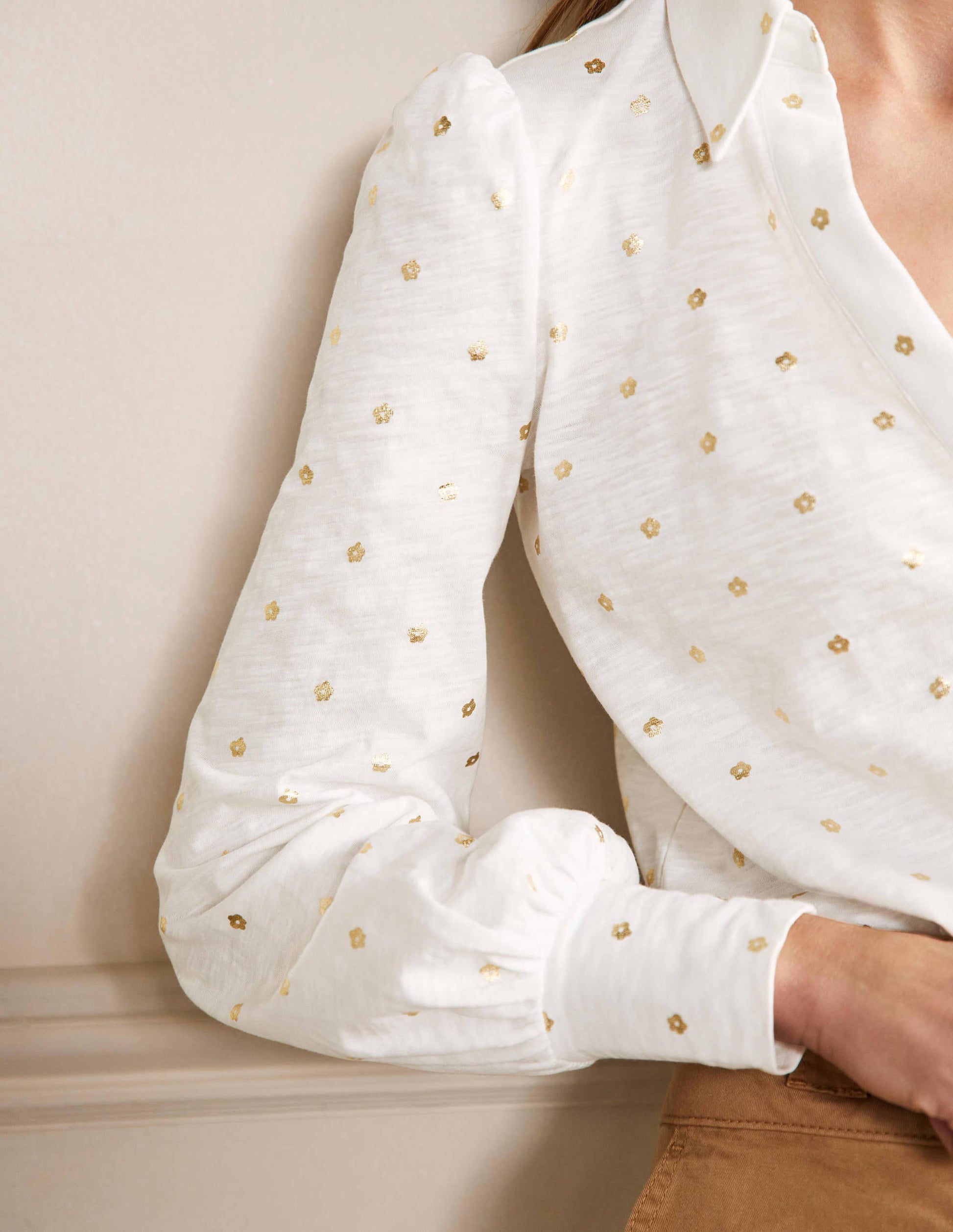 Collared Notch Neck Cotton Top-Ivory Foil Flower-2