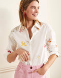 Relaxed Cotton Shirt-White, Bird Embroidered