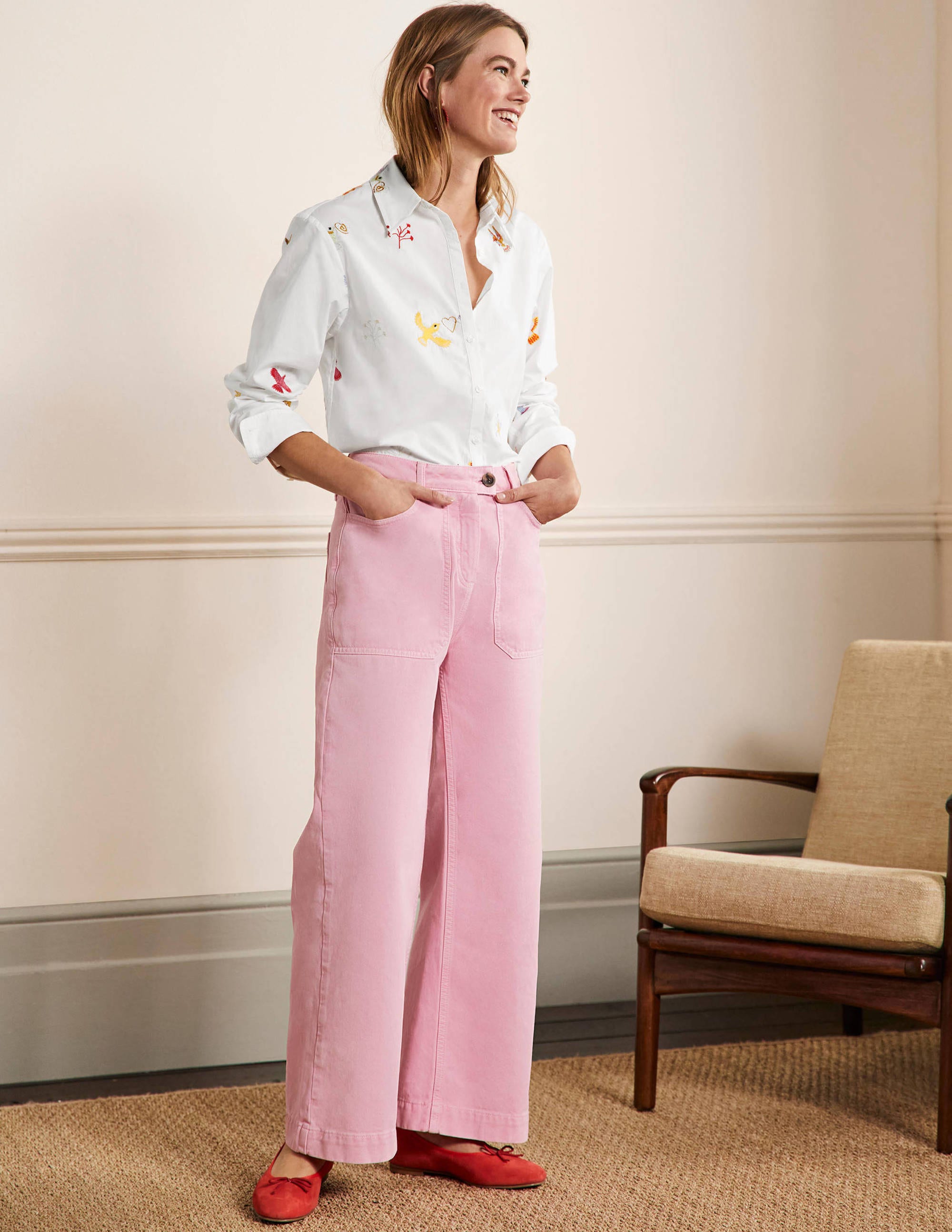 Relaxed Cotton Shirt-White, Bird Embroidered - Image 4