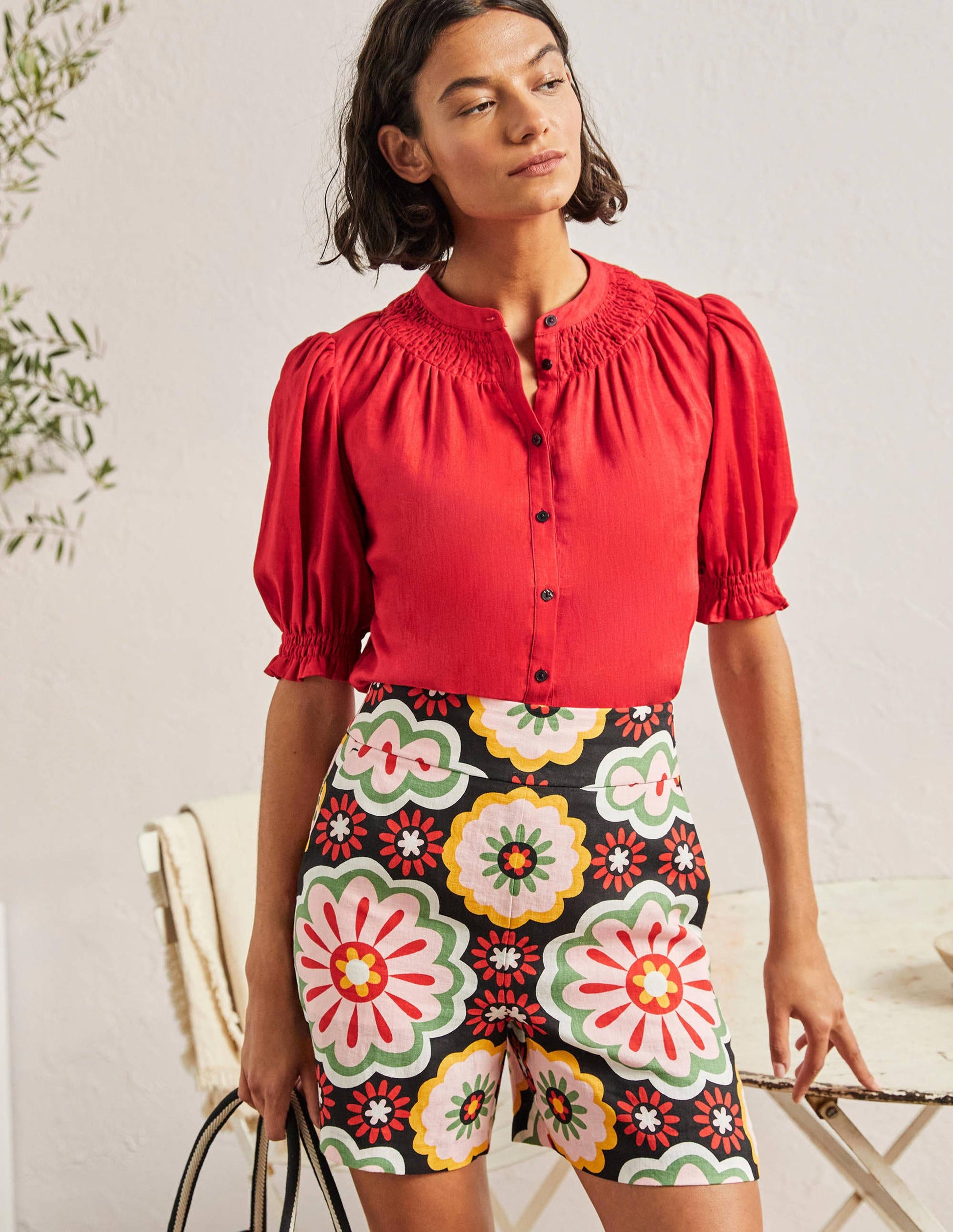 Smocked Short Sleeve Blouse-Red-4