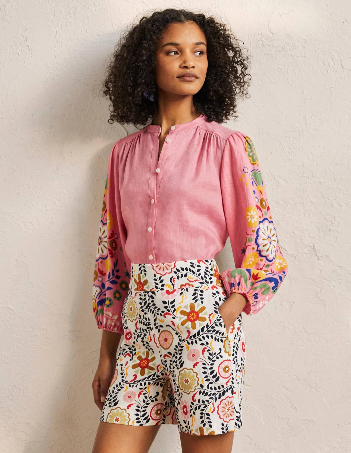 Becky Full Sleeve Linen Blouse-Formica Pink, Opulent Garden