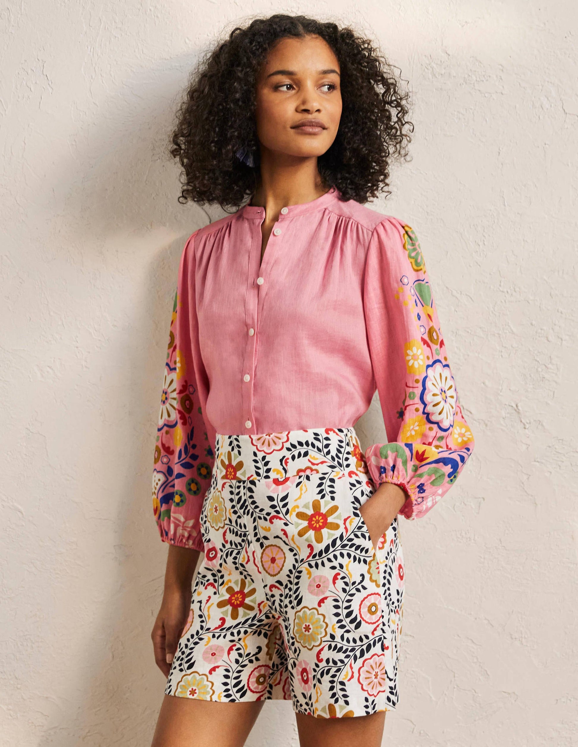 Becky Full Sleeve Linen Blouse-Formica Pink, Opulent Garden-1