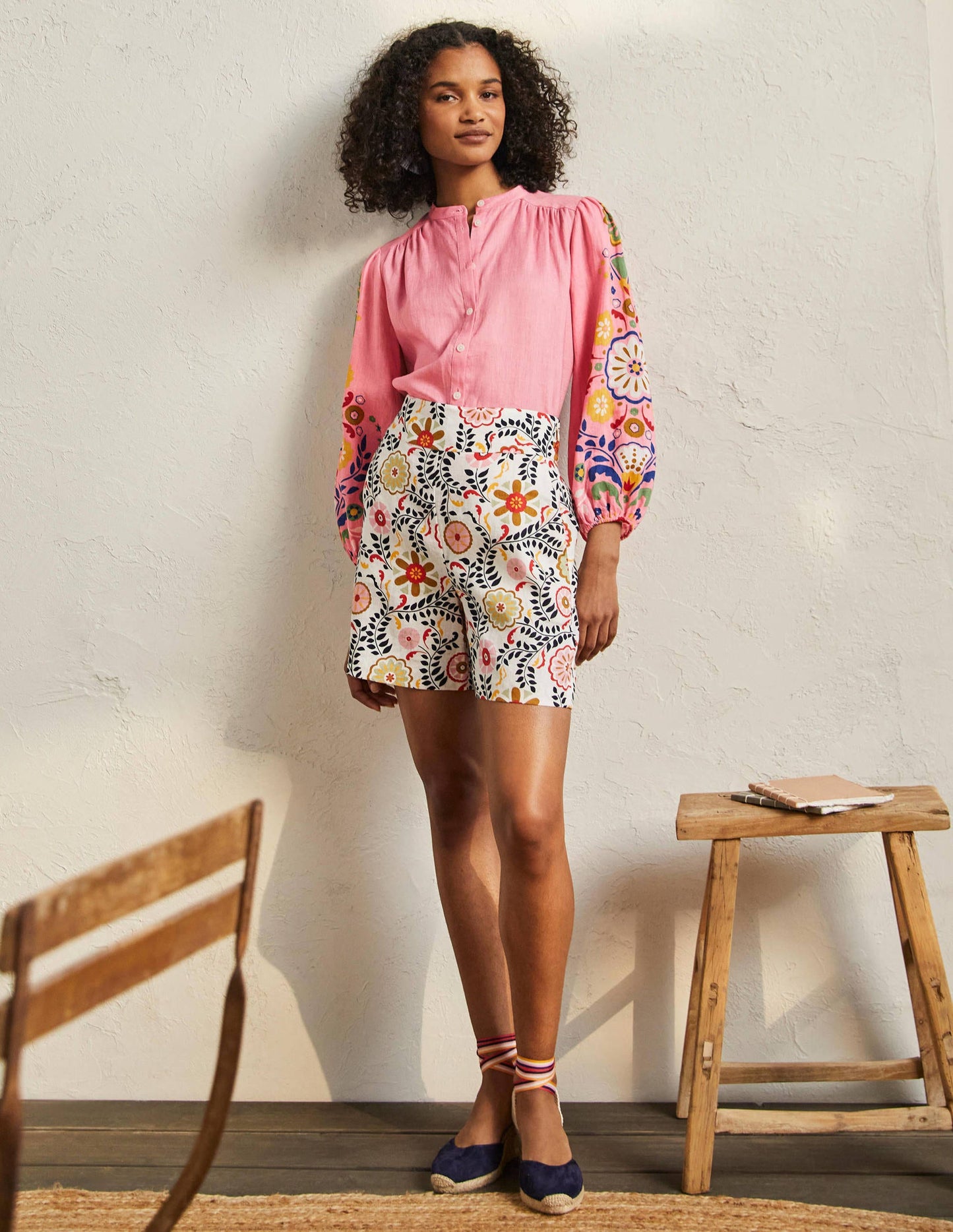 Becky Full Sleeve Linen Blouse-Formica Pink, Opulent Garden