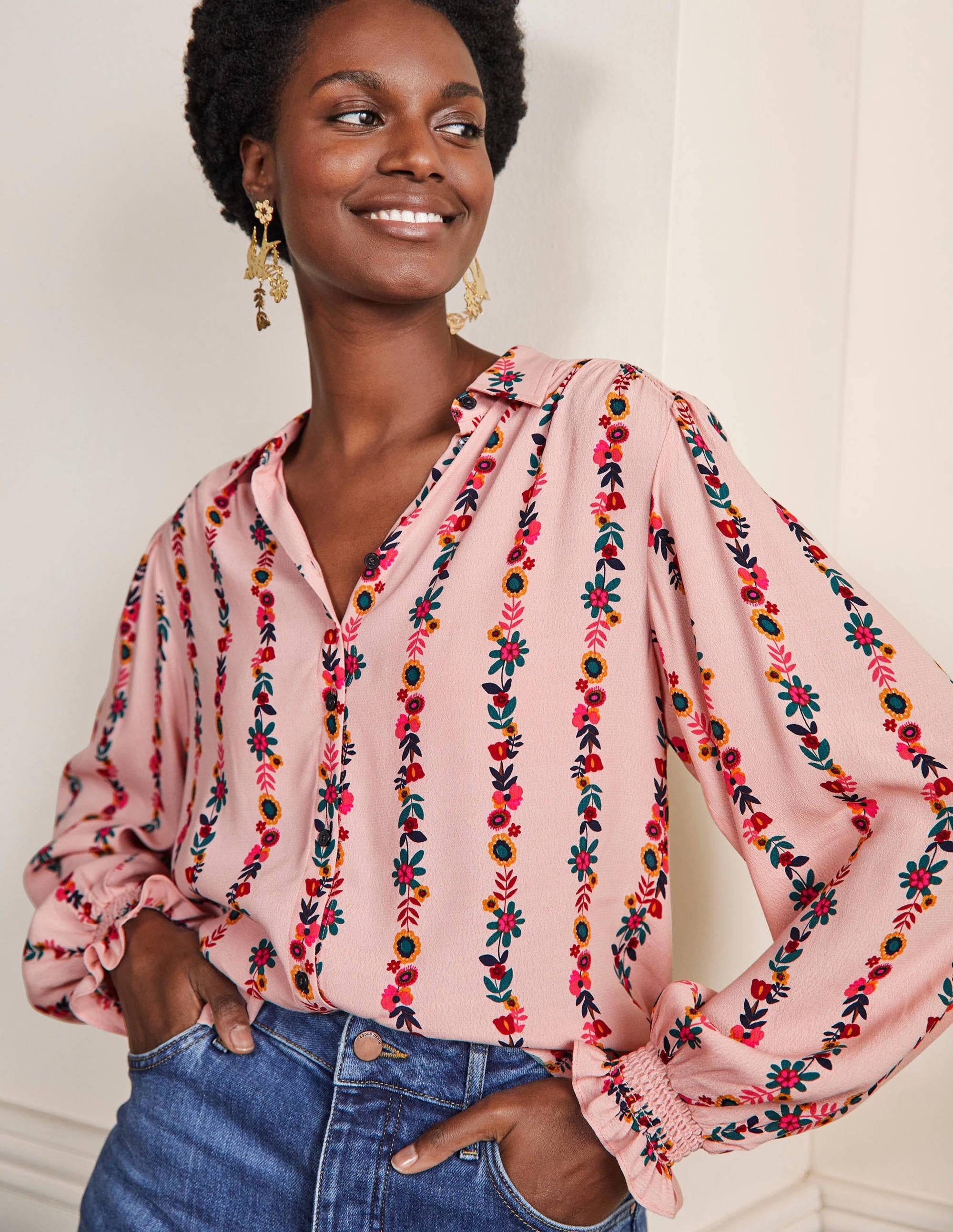 Smocking Detail Blouse-Milkshake, Flora Bloom - Image 1