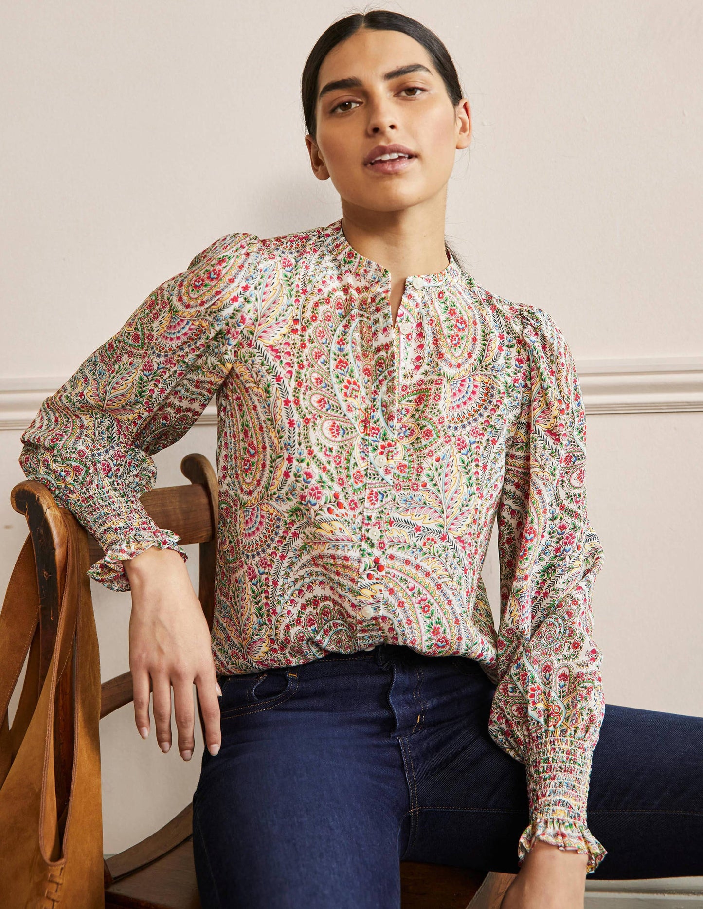 Dominique Silk Shirt-Ivory, Floral Paisley