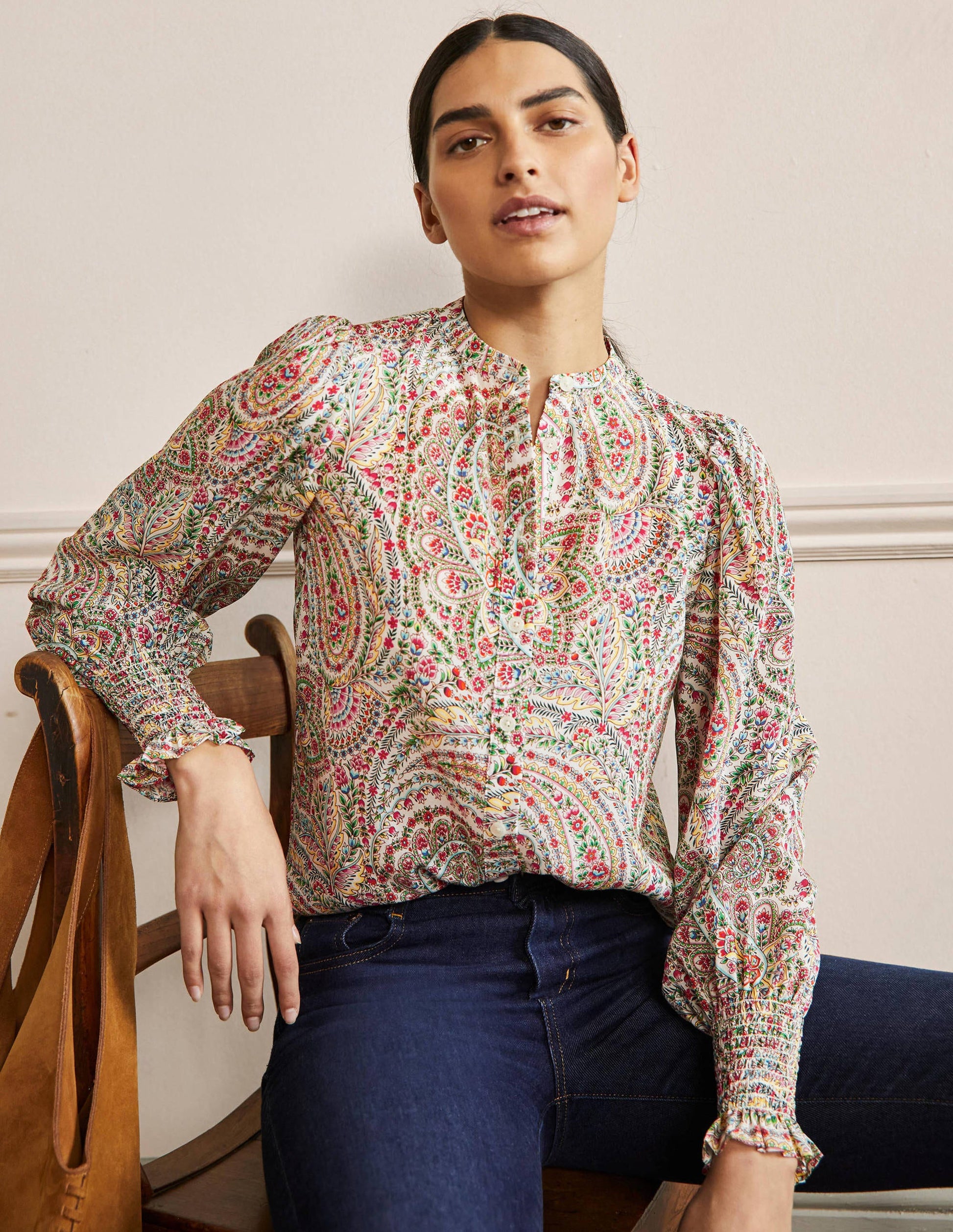 Dominique Silk Shirt-Ivory, Floral Paisley-1