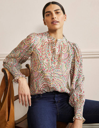 Dominique Silk Shirt-Ivory, Floral Paisley-1