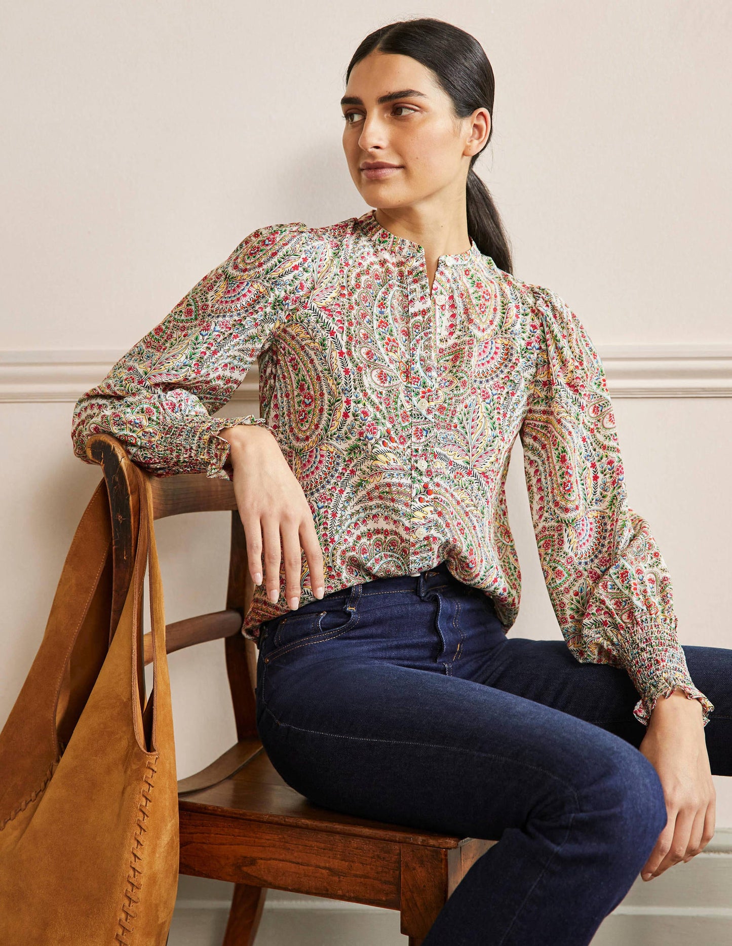 Dominique Silk Shirt-Ivory, Floral Paisley