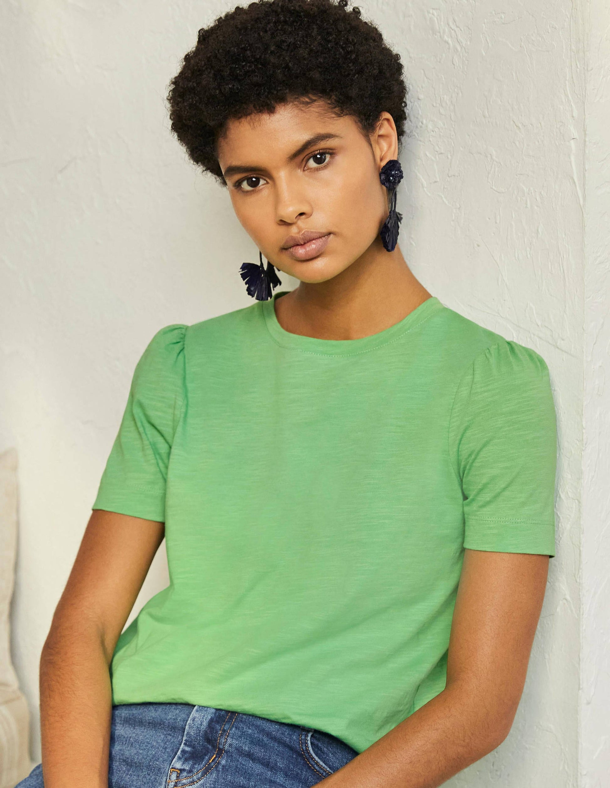Puff Sleeve Cotton T-Shirt-Zephyr Green-1